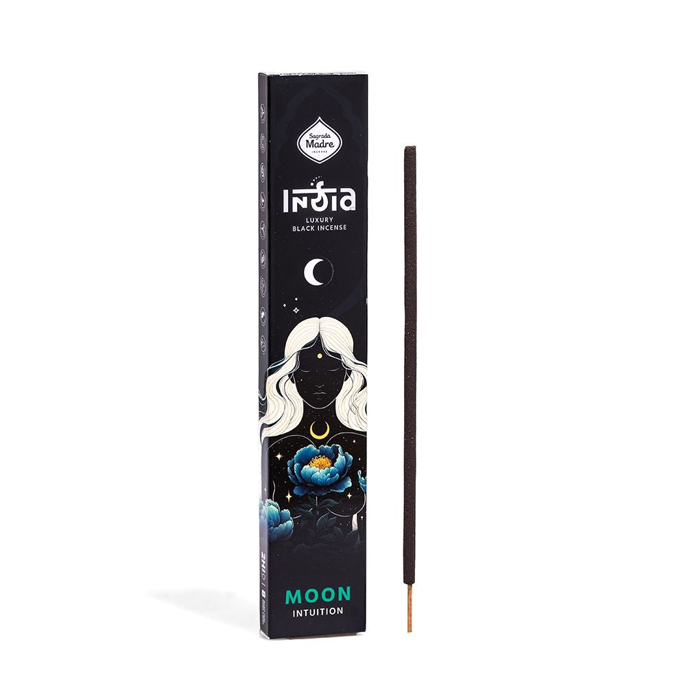 🌑 India Black MOON – Intuition × Unity Premium-Räucherstäbchen von Sagrada Madre (8 Stück, extra dick)