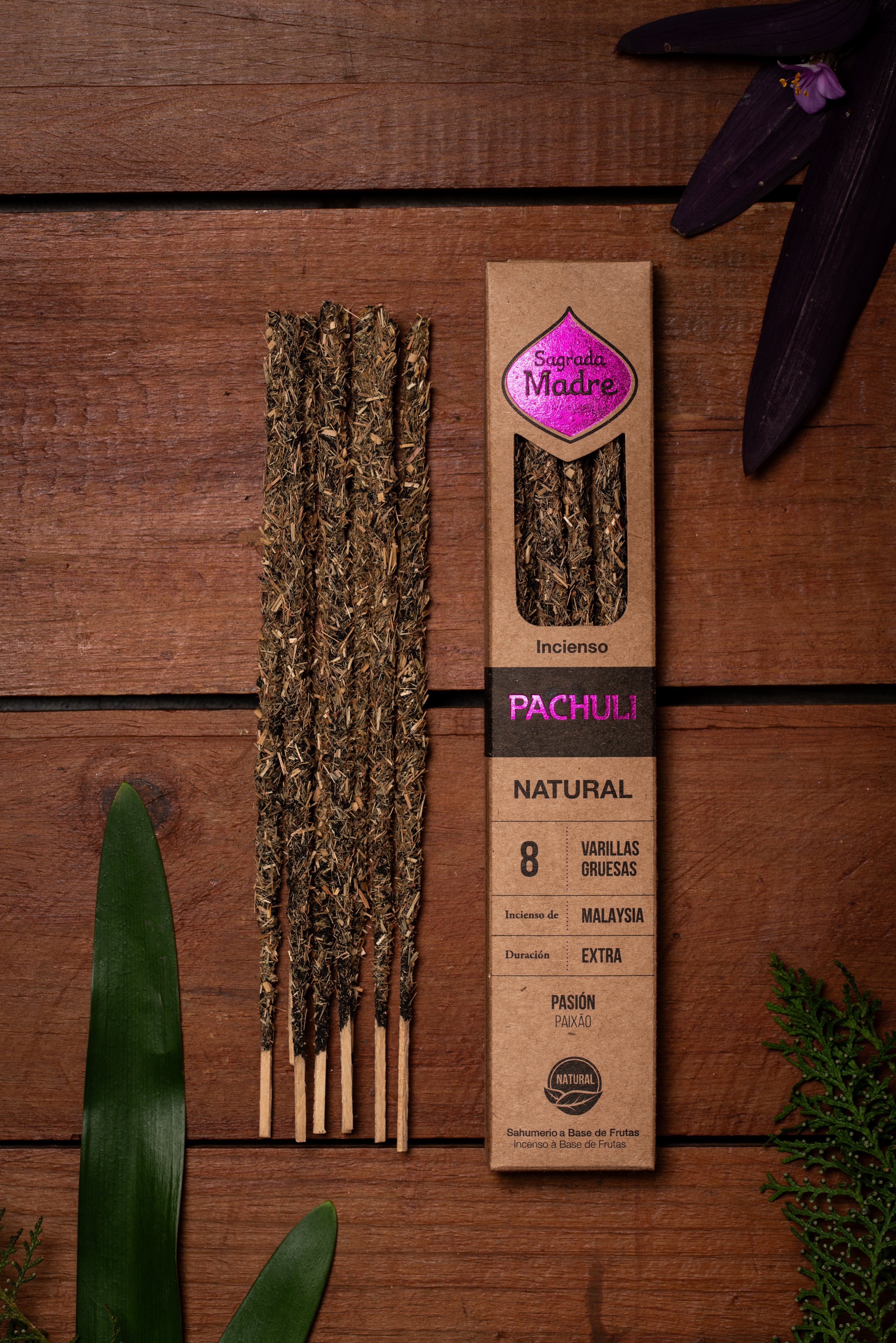 Sagrada Madre Natural Patchouli, handmade incense sticks for grounding, sensuality, and abundance