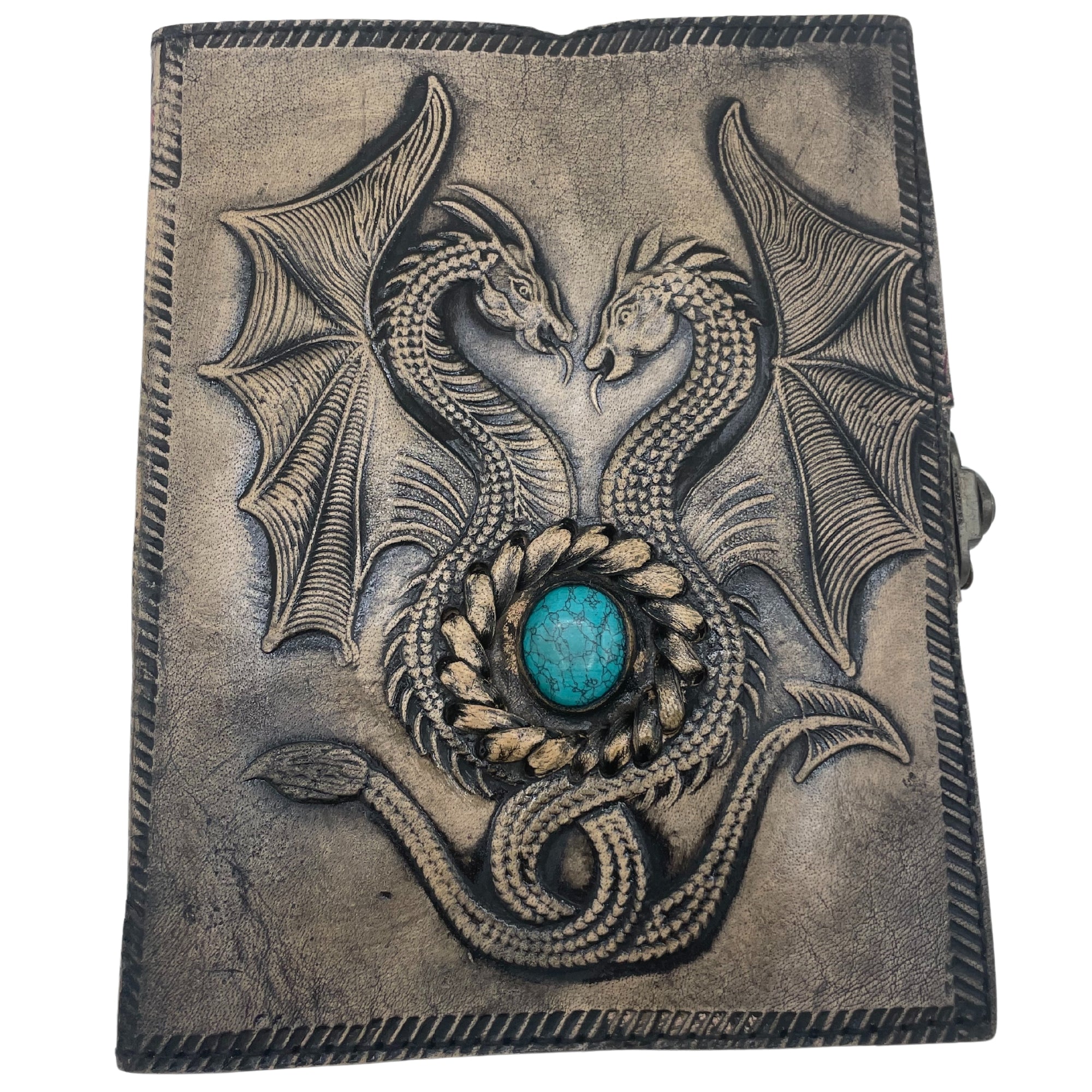 Zwei Drachen – Hüter des Gleichgewichts – Lederjournal in Antikgrau