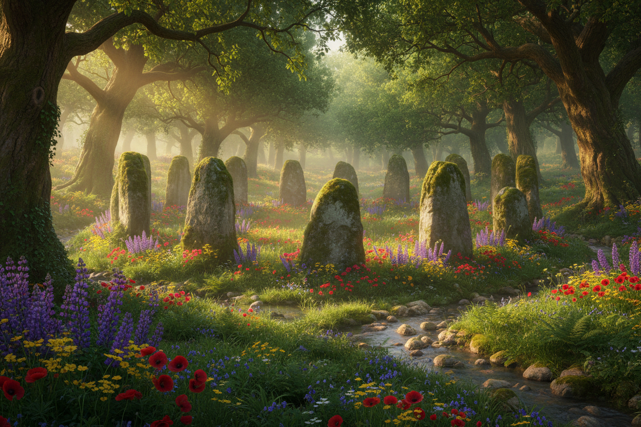 erstelle ein bild von einem steinkreis in einen schönen wald mit viel grün und blumen