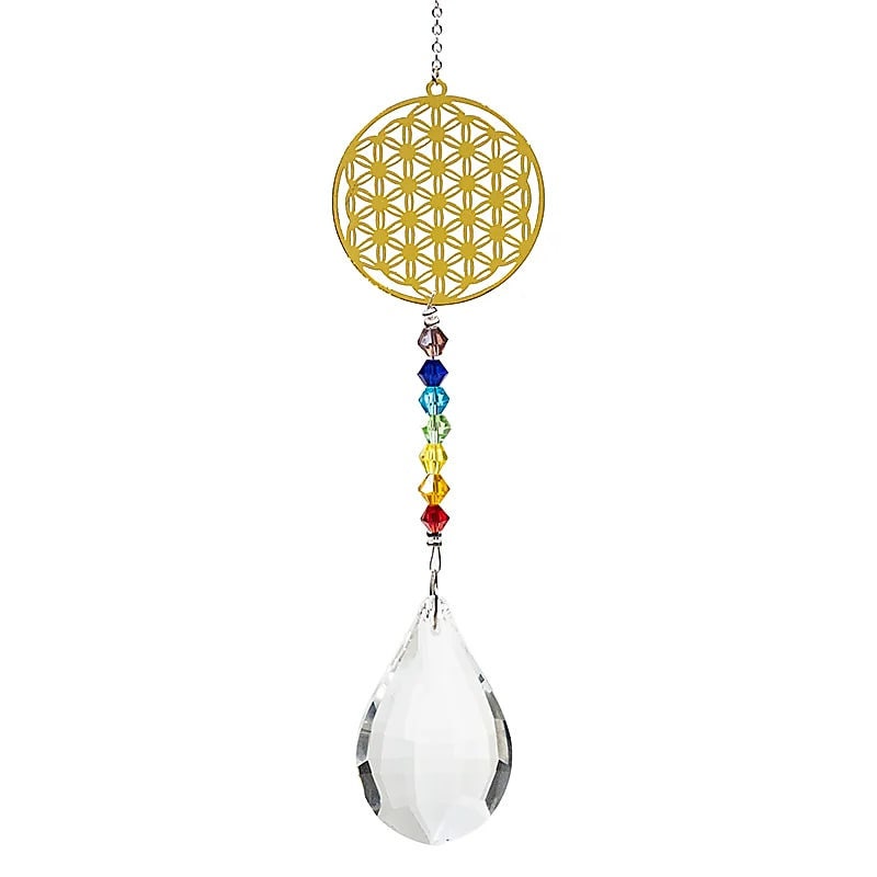 Kristalltropfen mit Chakrakette Blume des Lebens