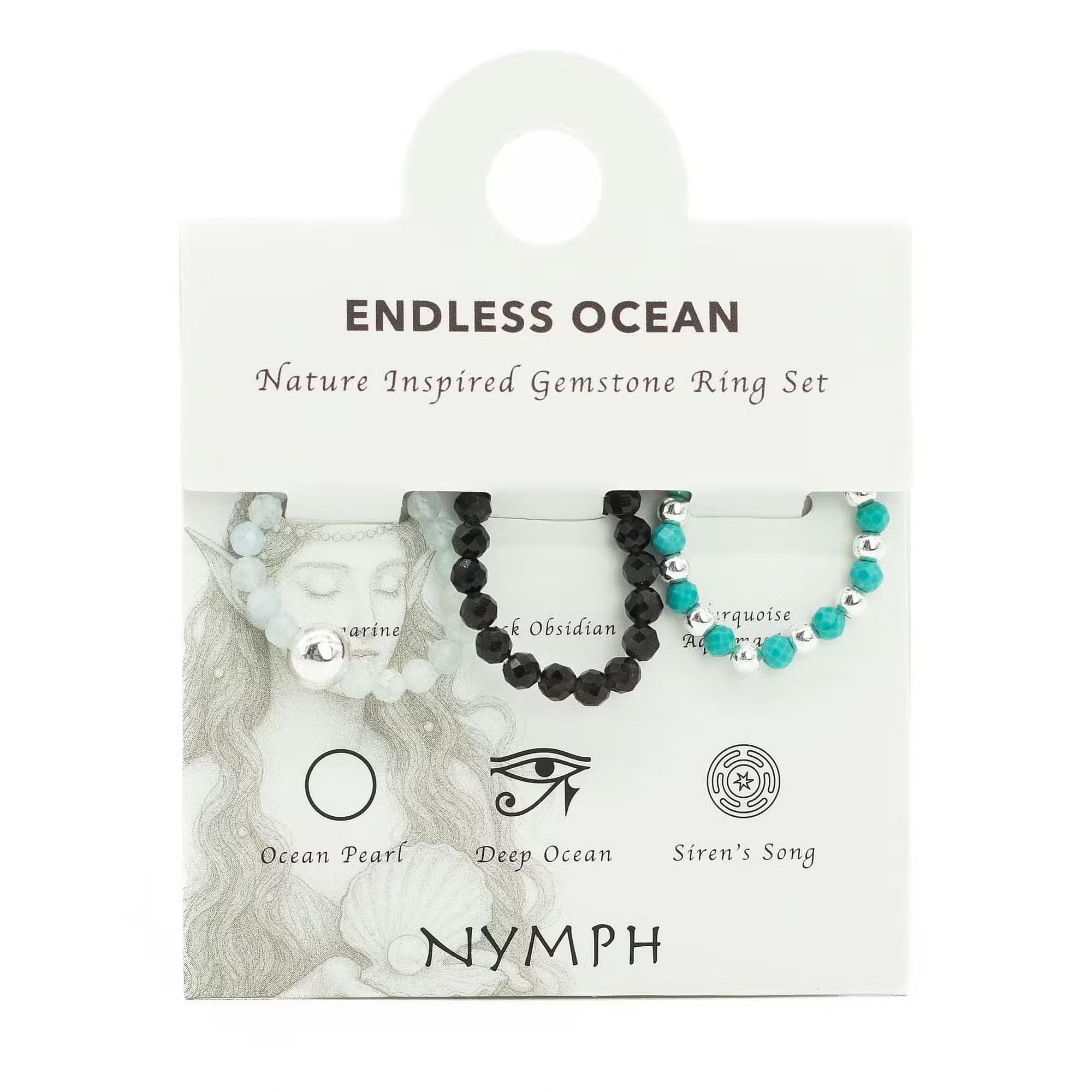 Nymph Spirit Edelstein Ring Set Endless Ocean, Aquamarin, Türkis und schwarzer Obsidian