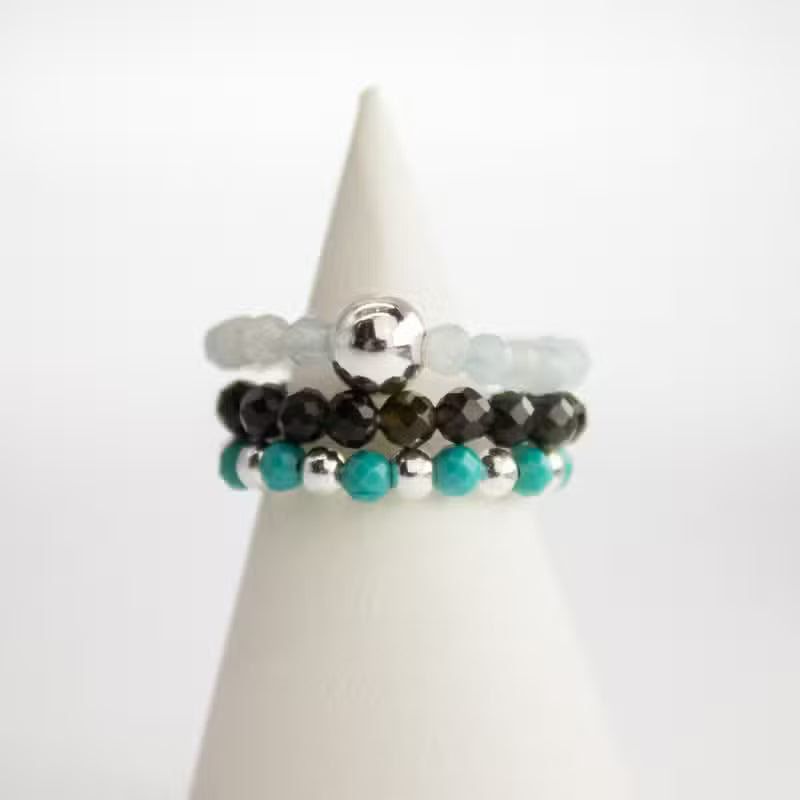 Nymph Spirit Edelstein Ring Set Endless Ocean, Aquamarin, Türkis und schwarzer Obsidian