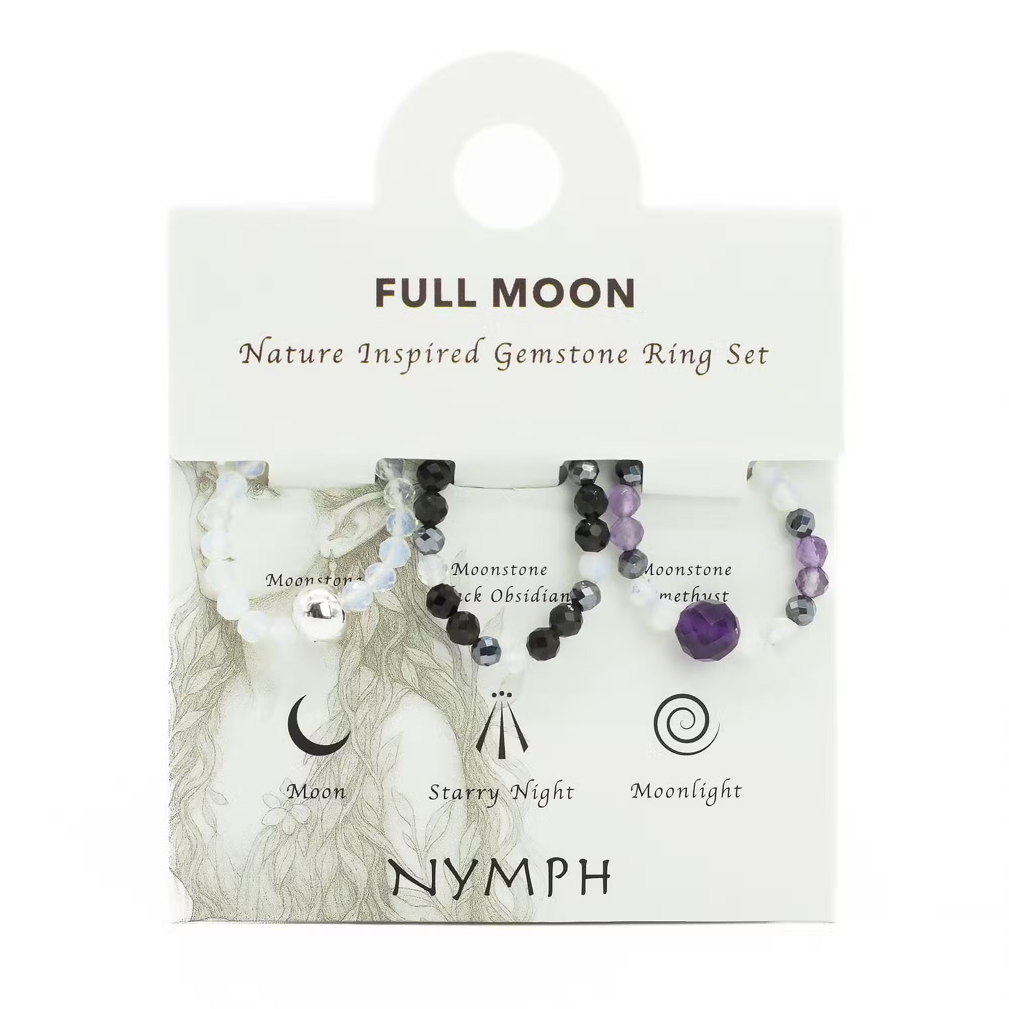Nymph Spirit Edelstein Ring Set Full Moon, Mondstein, Obsidian und Amethyst