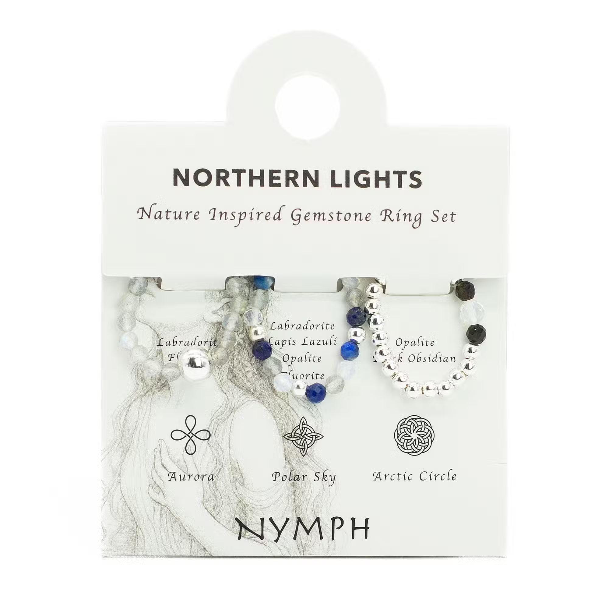 Nymph Spirit Edelstein Ring Set Northern Lights, Lapislazuli, Opalit, Fluorit und schwarzer Obsidian