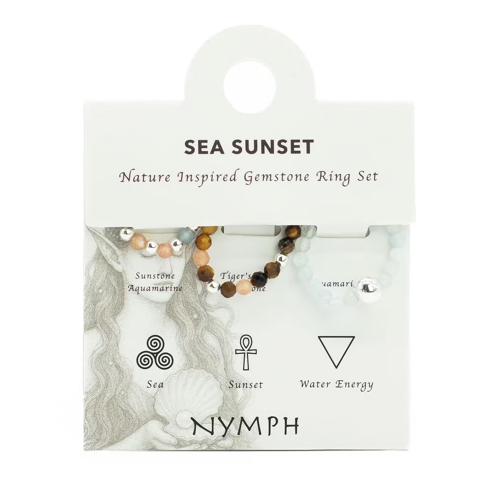 Nymph Spirit Edelstein Ring Set Sea Sunset, Aquamarin, Tigerauge und Sonnenstein