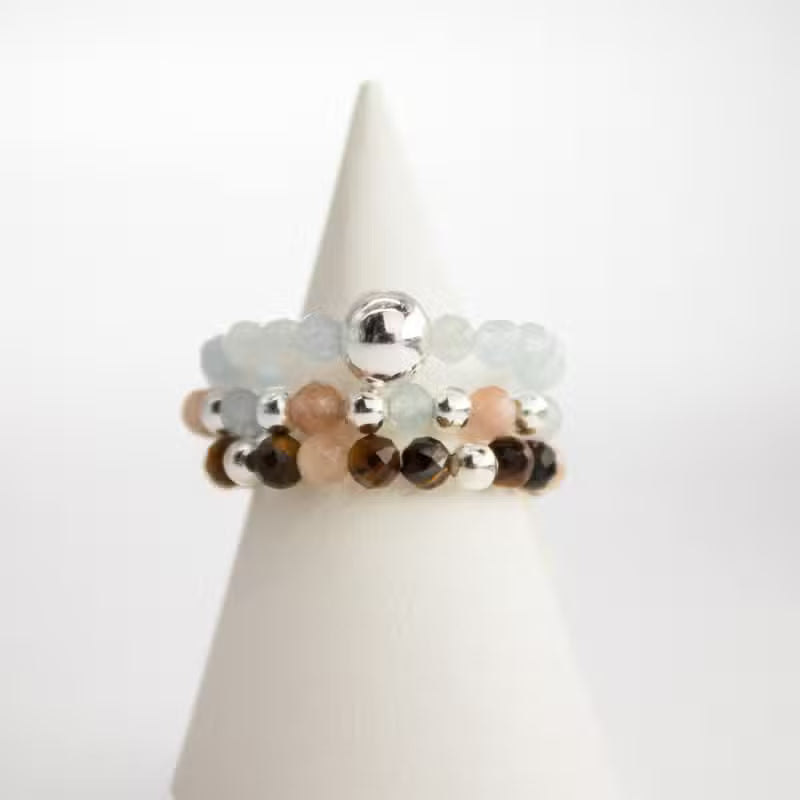 Nymph Spirit Edelstein Ring Set Sea Sunset, Aquamarin, Tigerauge und Sonnenstein