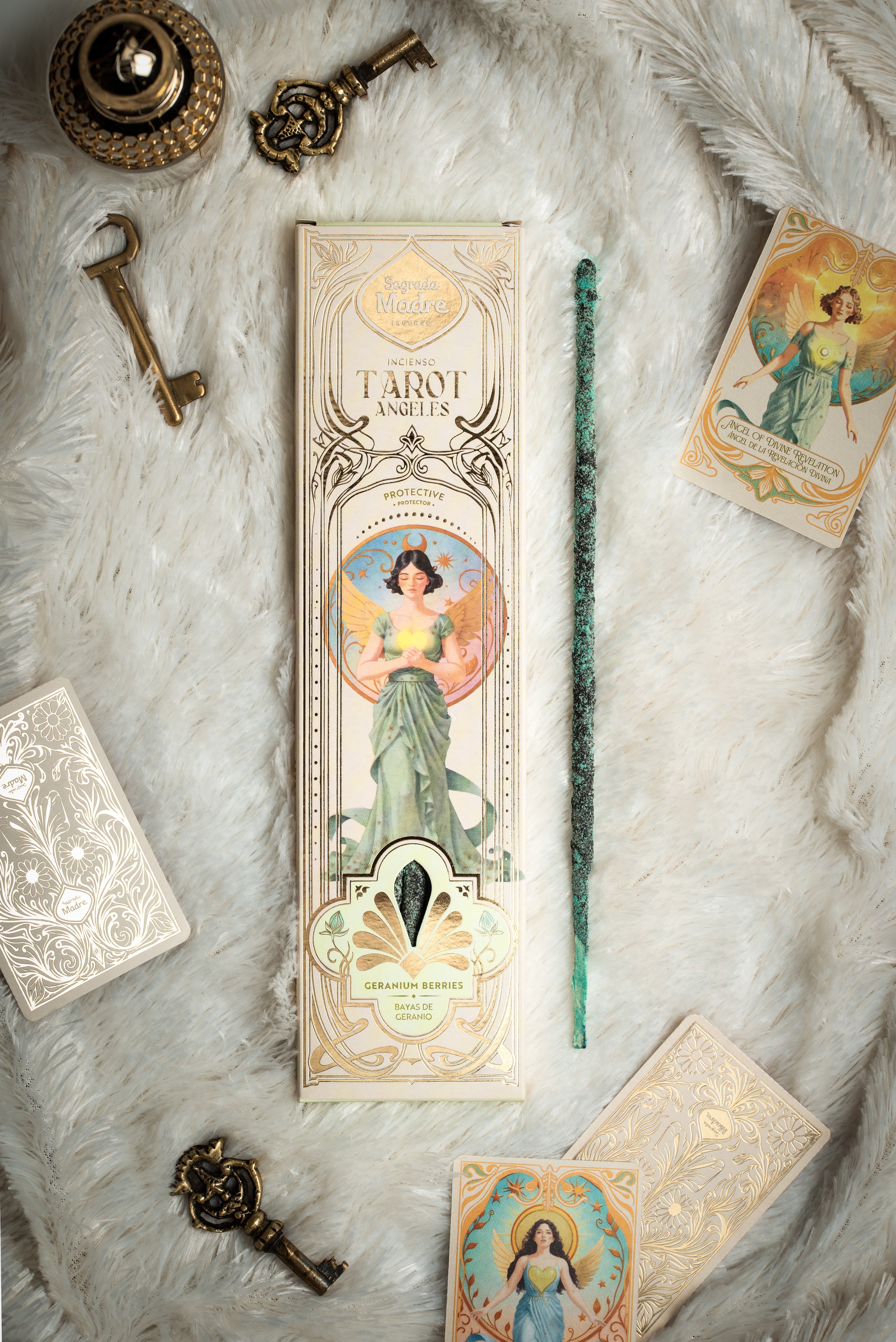 Sagrada Madre Protective Angel Tarot Geranium, Räucherstäbchen mit zwei zufälligen Engelkarten