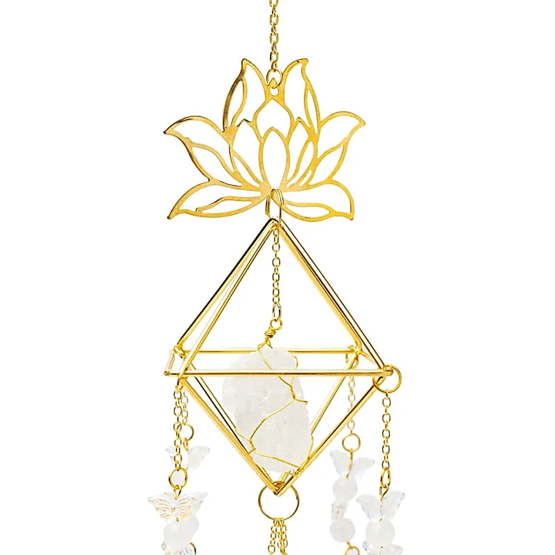 Sonnenfänger Lotus & Schmetterlinge mit Bergkristall | 9 × 51 cm