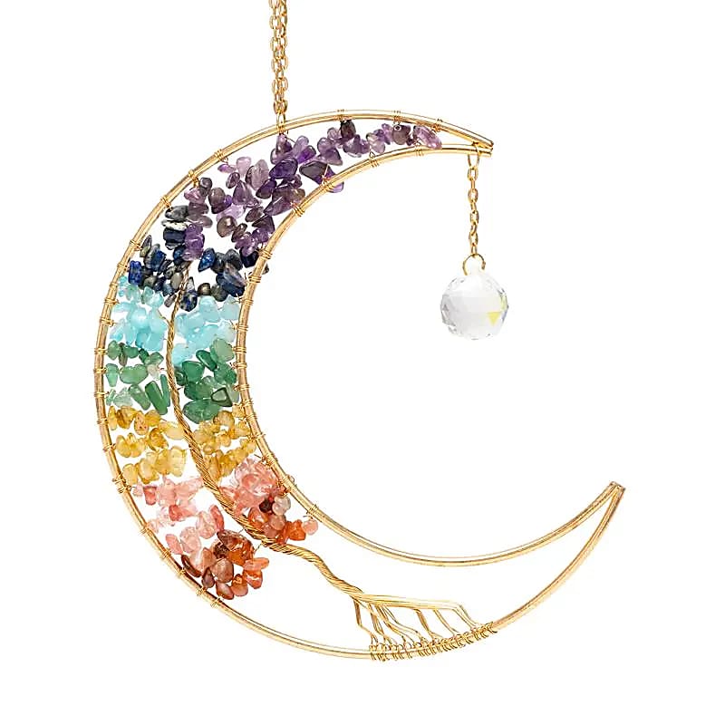 Sonnenfänger Mond mit Lebensbaum & Chakra Steinen | 17 × 17 cm