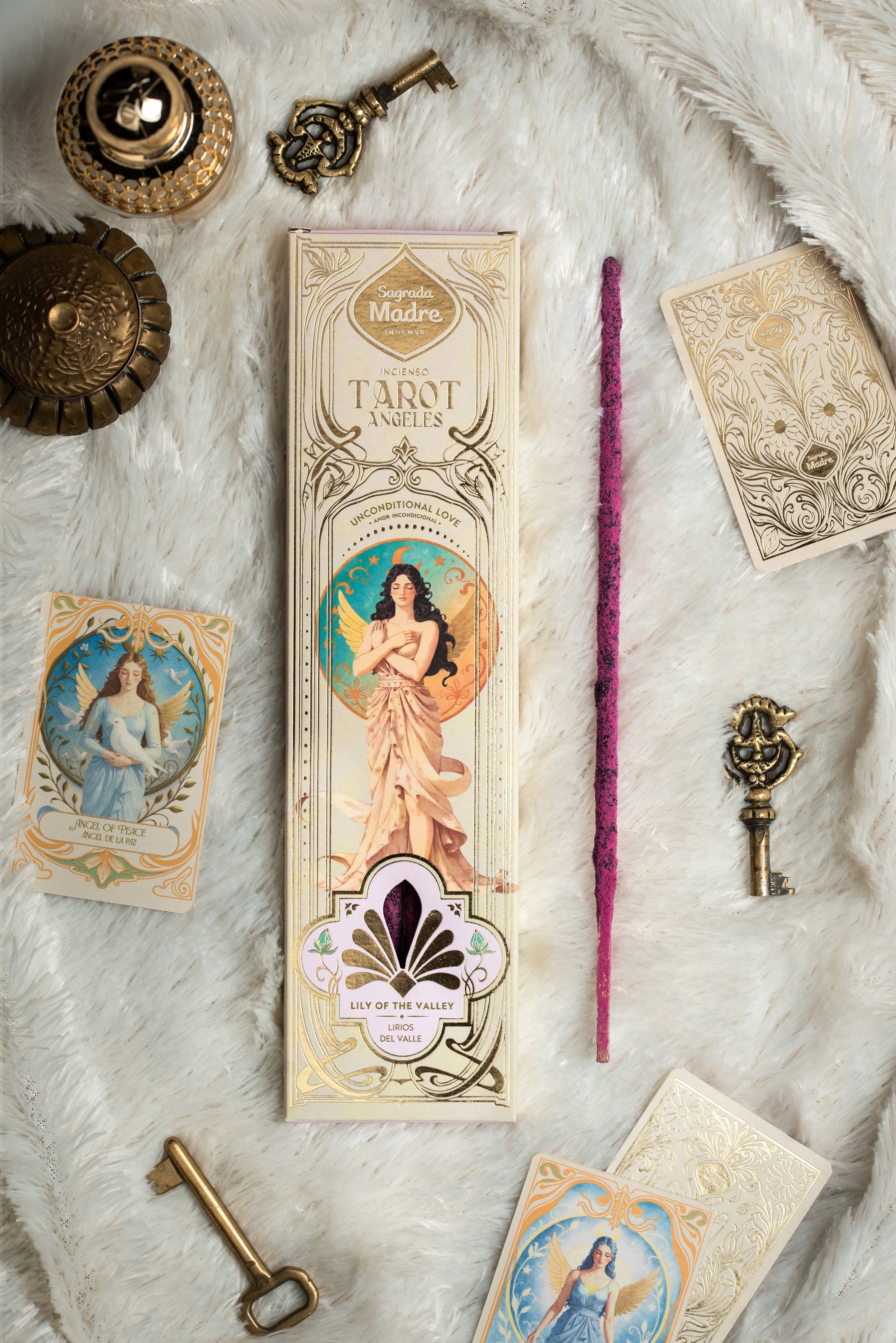 Sagrada Madre Tarot Angels Unconditional Love Lily of the Valley, Räucherstäbchen mit zwei zufälligen Engelkarten