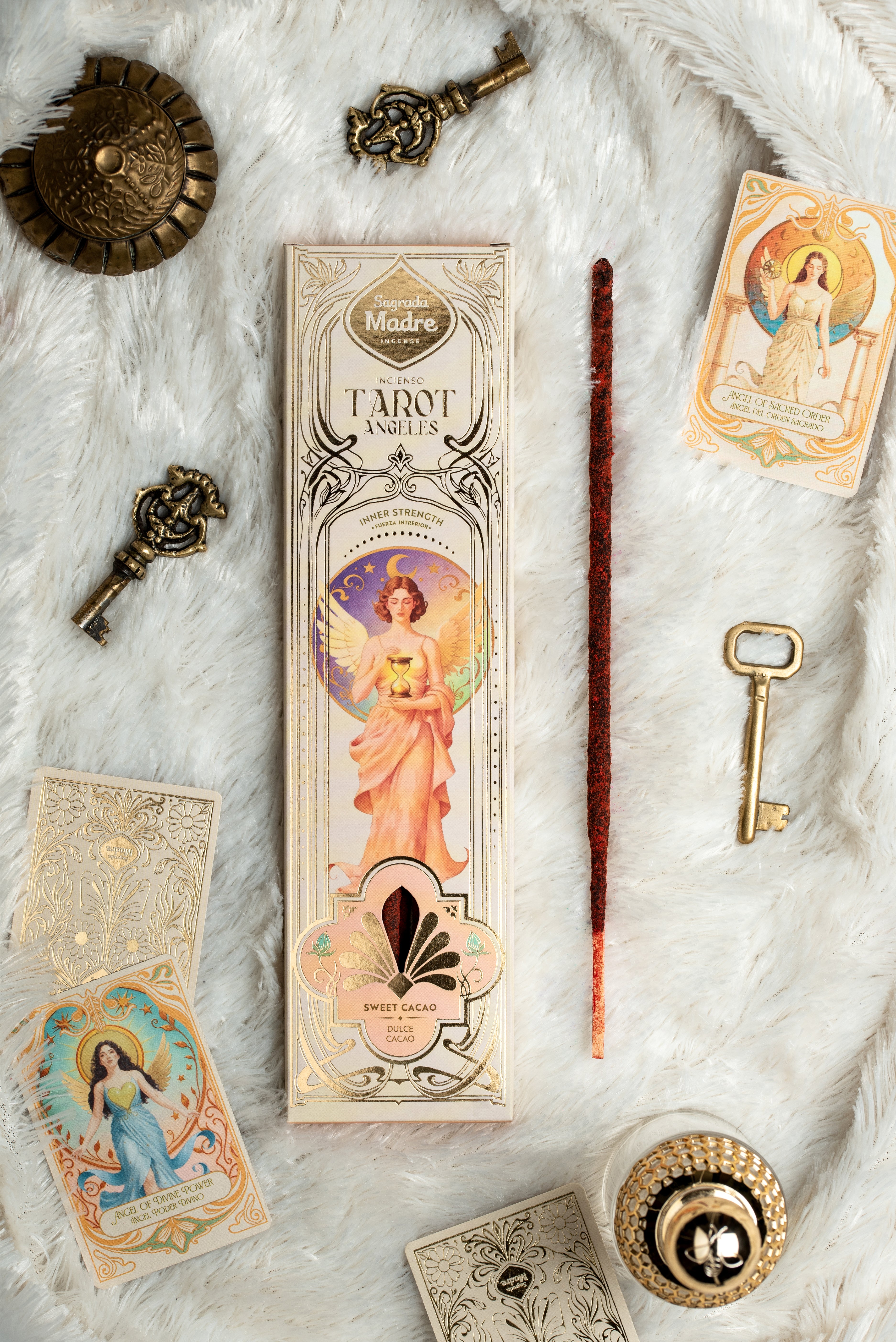 Sagrada Madre Tarot Angels Inner Strength Sweet Cocoa, Räucherstäbchen mit zwei zufälligen Engelkarten