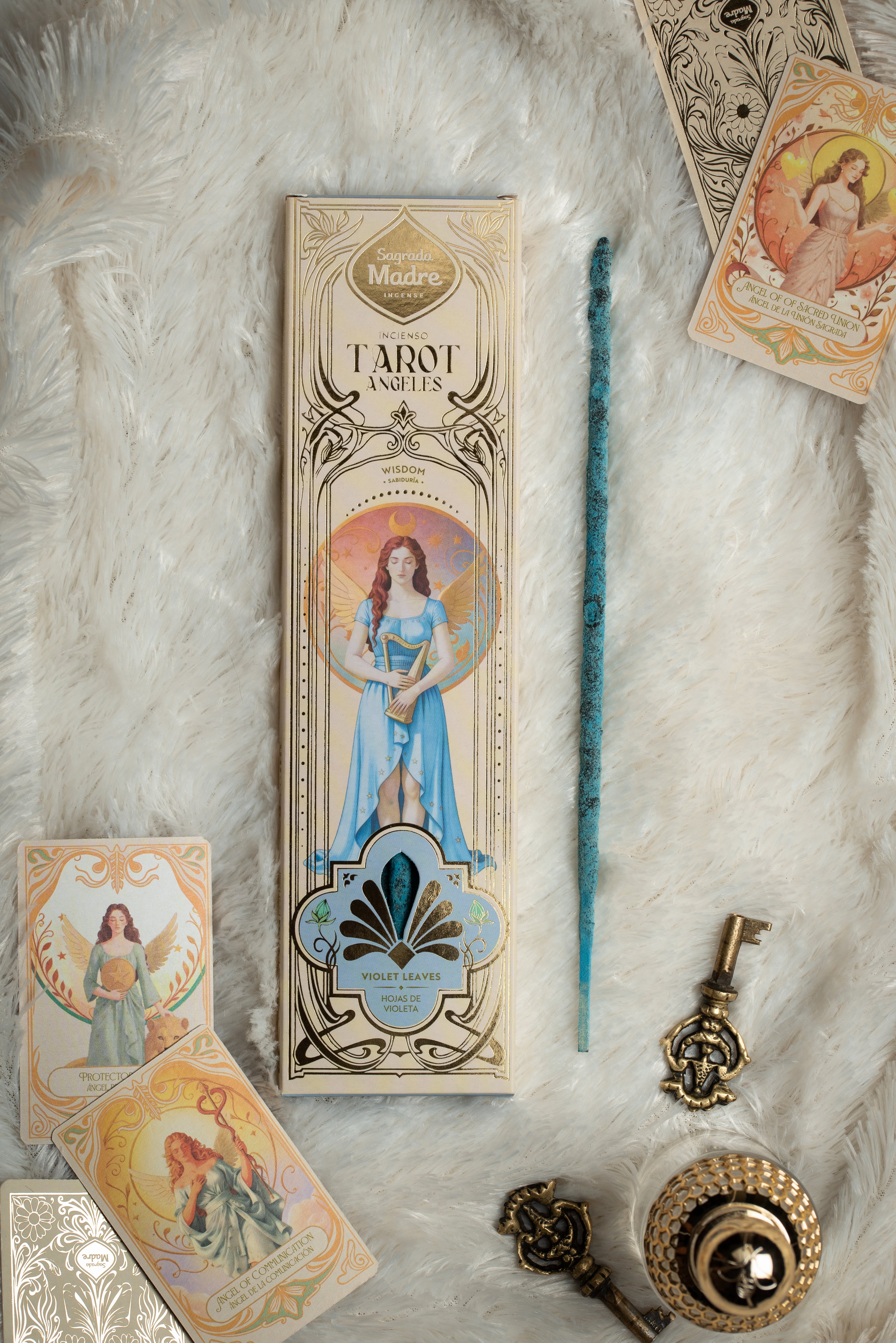Sagrada Madre Tarot Angels Wisdom Violet Leaves, Räucherstäbchen mit zwei zufälligen Engelkarten