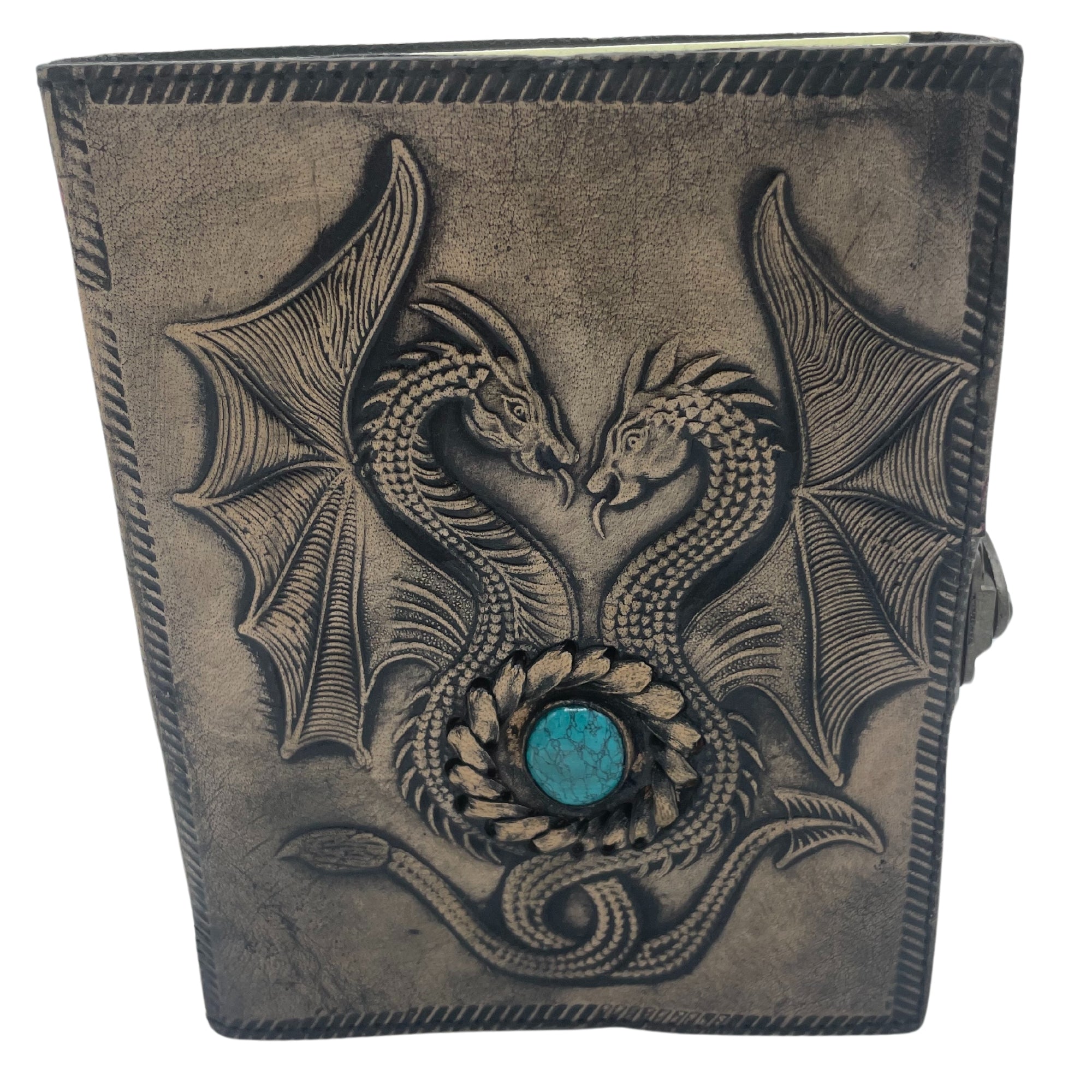 Zwei Drachen – Hüter des Gleichgewichts – Lederjournal in Antikgrau