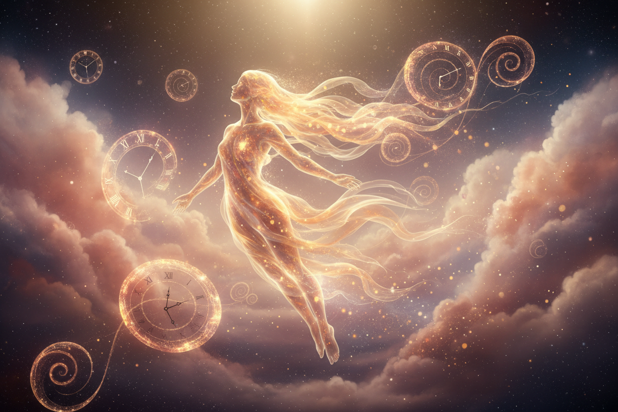 entferfe ein bild passend zu einer seelenreise wie diese durch die zeit fliegt warm und einladend